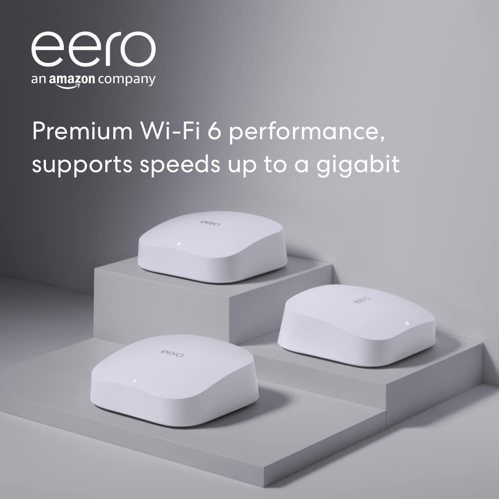 Certified Refurbished Amazon eero Pro 6 tri-band mesh Wi-Fi 6 4-PC system with built-in Zigbee smart home hub (3 routers + 1 Amazon smart plug)