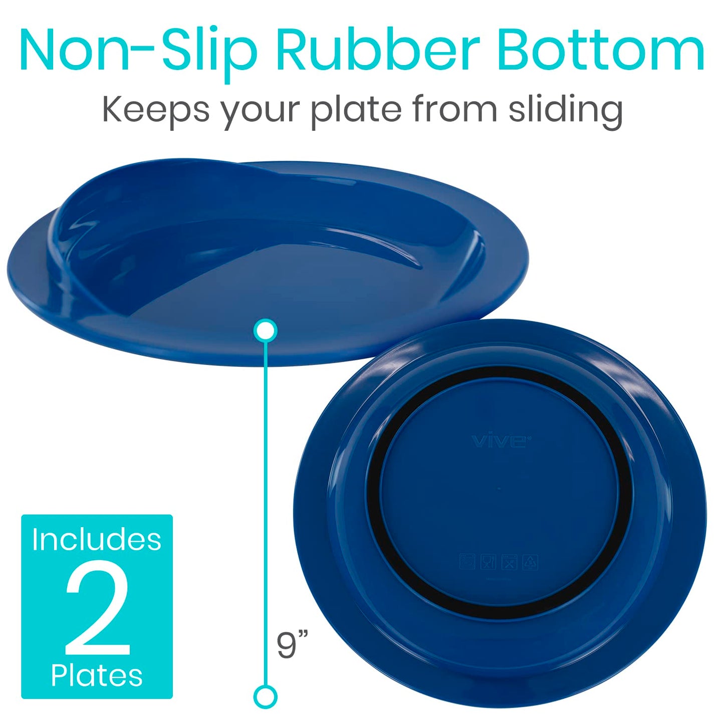 Vive Spill-Proof Scoop Plate, 9" (2 Pack) - Dish with Wall for Disabled, Handicapped, Elderly Adults with Special Needs from Parkinsons, Dementia, Stroke, Tremors with - Non Skid Padded Bottom