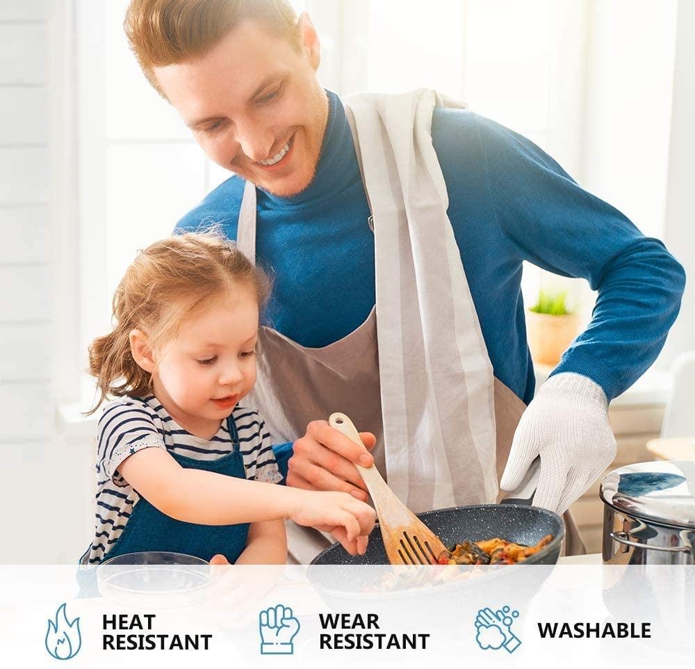 Heat Resistant Gloves Oven Gloves Heat Resistant with Fingers Oven Mitts Kitchen Pot Holders Cotton Gloves Kitchen Gloves Double Oven Gloves with Fingers White 1 Pair
