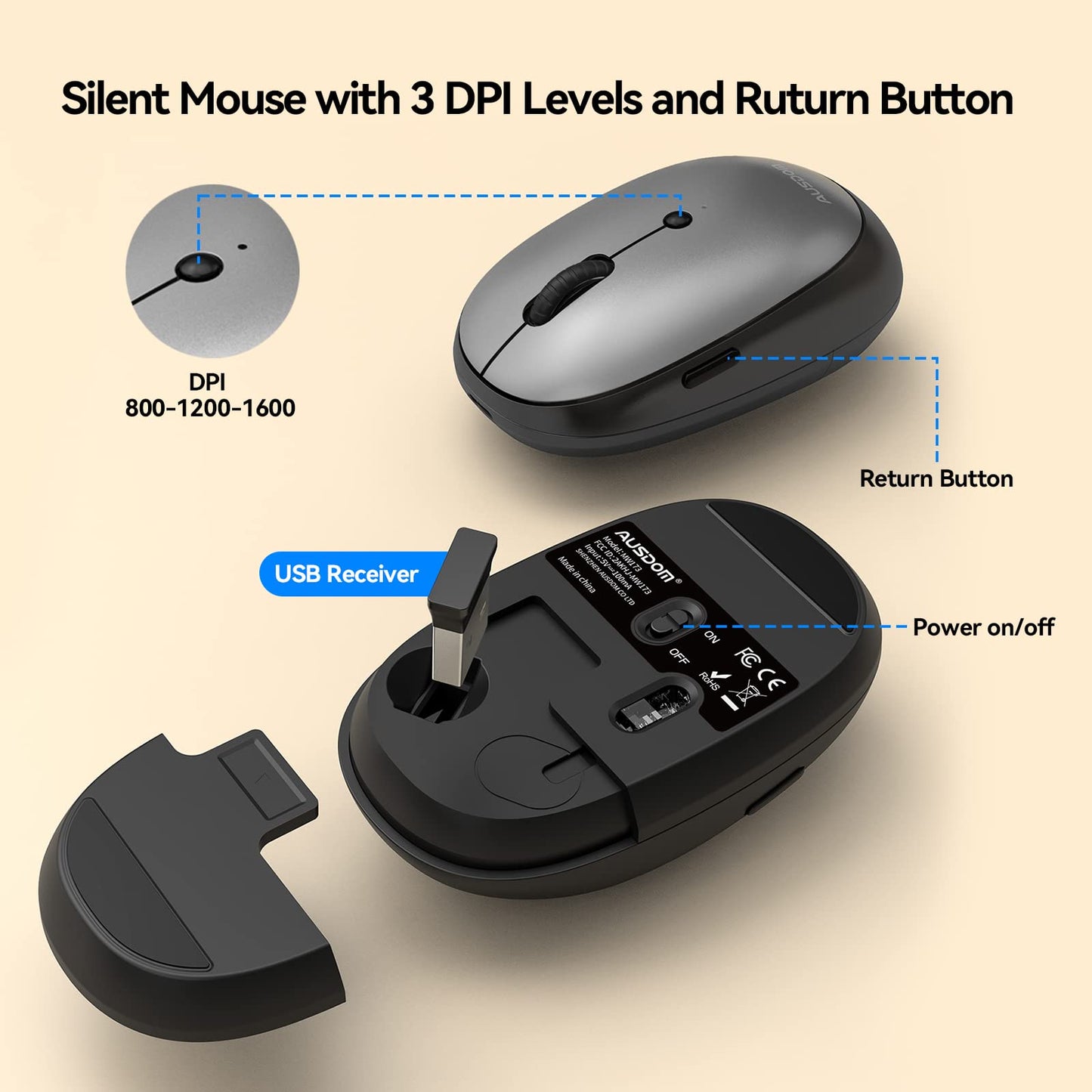 AUSDOM Wireless Keyboard and Mouse Combo: 2.4Ghz Cordless Silent Keyboard Mouse Set, Rechargeable Slim Quiet Full Size Keyboard with 3 DPI Adjustable Mouse, Thin Sleek Design for Windows