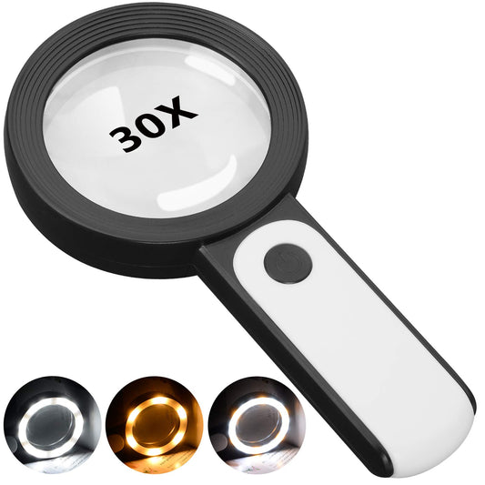 MH Magnifying Glass with Light, 30X Handheld Large 18LED Cold and Warm Light with 3 Modes, Illuminated Magnifier for Seniors Reading, Inspection, Coins, Jewelry, Exploring Success Active Submit Title