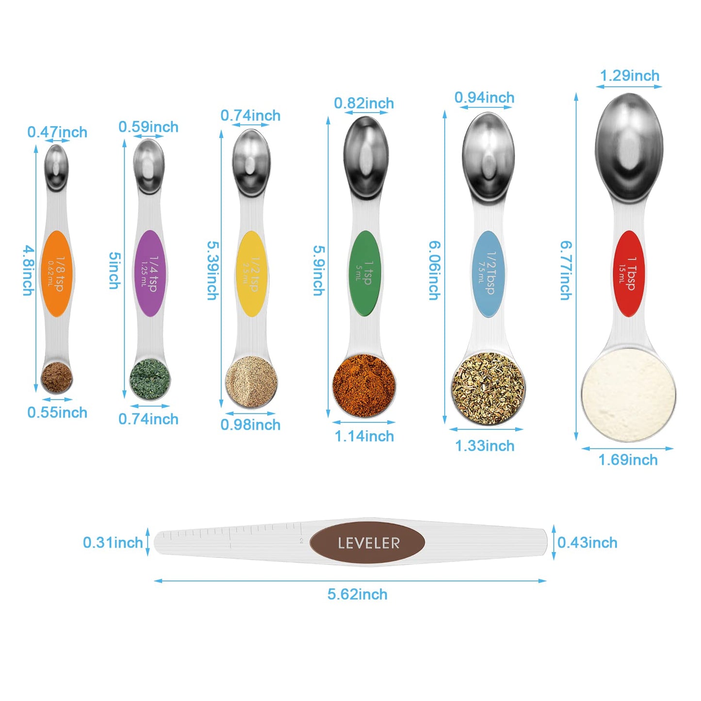 Aovchei 7 PCS Magnetic Measuring Spoons Set, Dual Sided, Stainless Steel Small Tablespoon, Teaspoons, Fits in Spice Jars, for Dry and Liquid, MultiColor