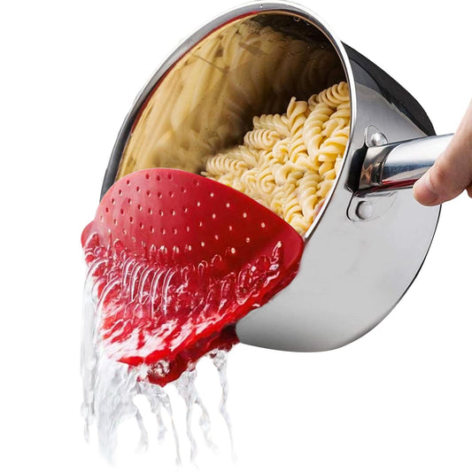 Chef's Planet Clip & Drain - Clip-on Strainer for Pots and Pans Perfect Pasta, Noodle, and Pot Strainer - Kitchen Colander, Fits on most size Pots and Pans, Red - Pot Drainer Clip On - Clip N Drain