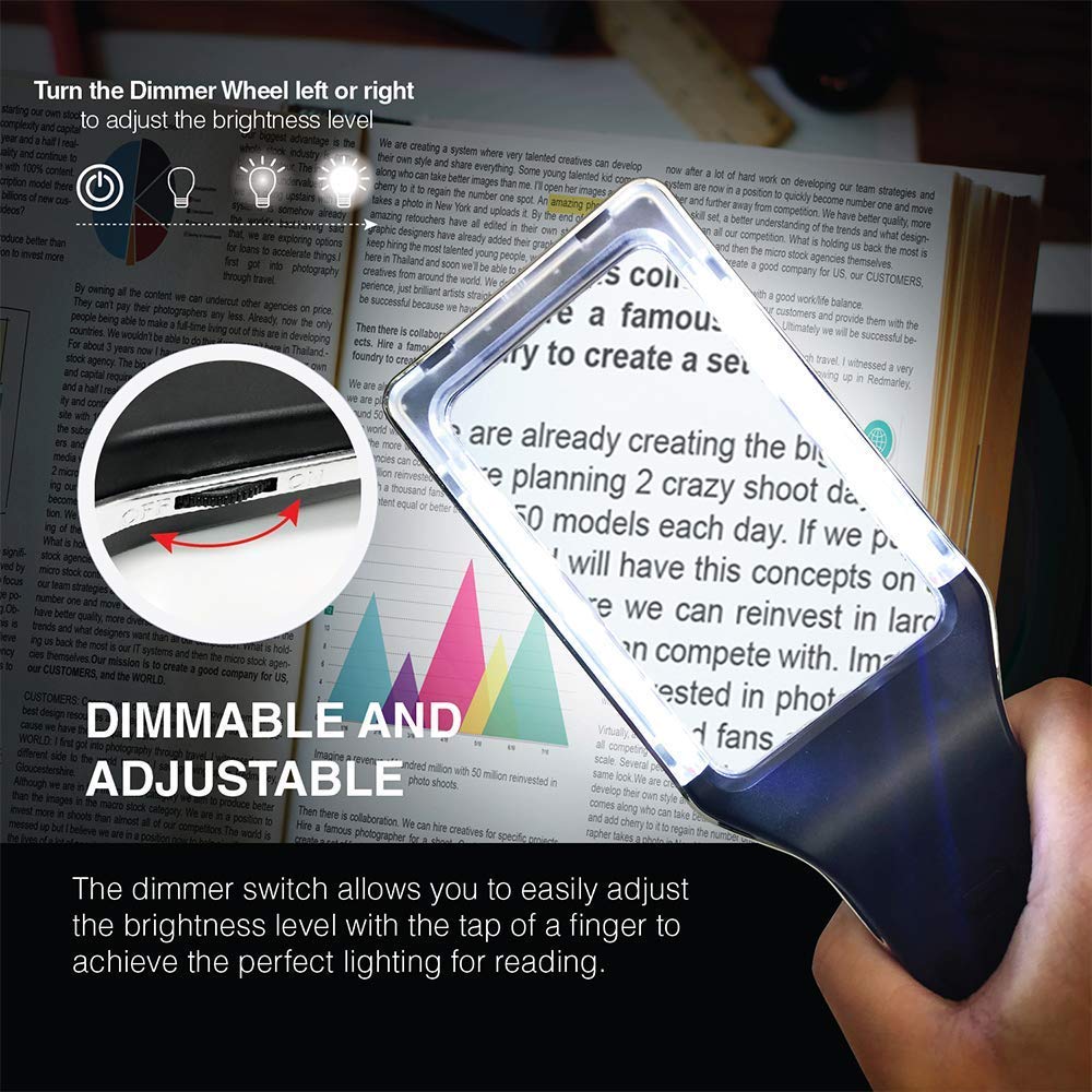 MagniPros 6X Rechargeable LED Magnifying Glass, Anti-Glare Lens & Full Dimmable Lighting to Relieve Eye Strain- Ideal for Reading, Crafting, Inspection, Seniors, Low Vision