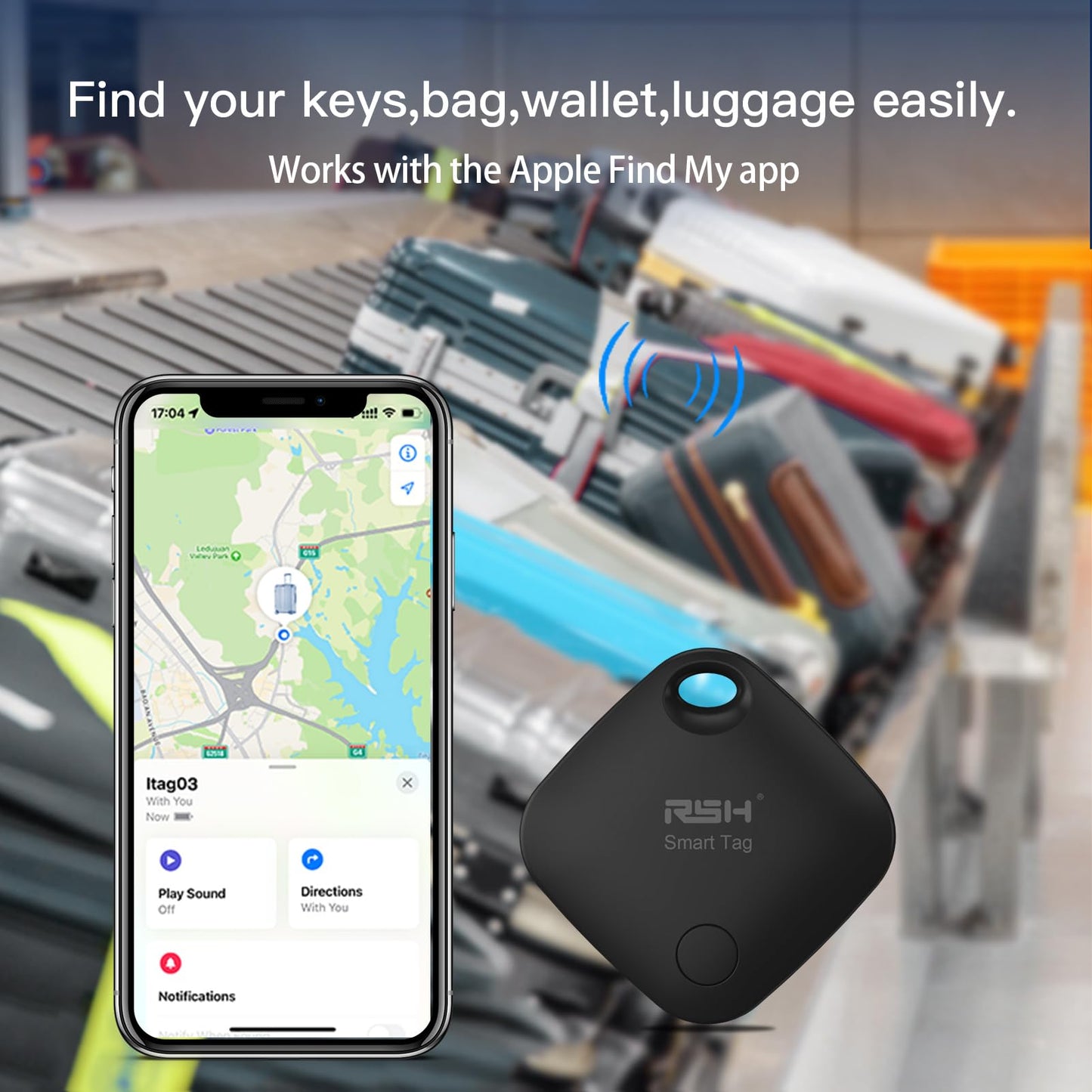 Key Finder Bluetooth Luggage Tracker tag Locator Works with Apple Find My,Smart Tracker for Suitcase, Bag, Backpack, Wallet,Replaceable Battery Smart tag Item Finder (2 Black Tag & Case)
