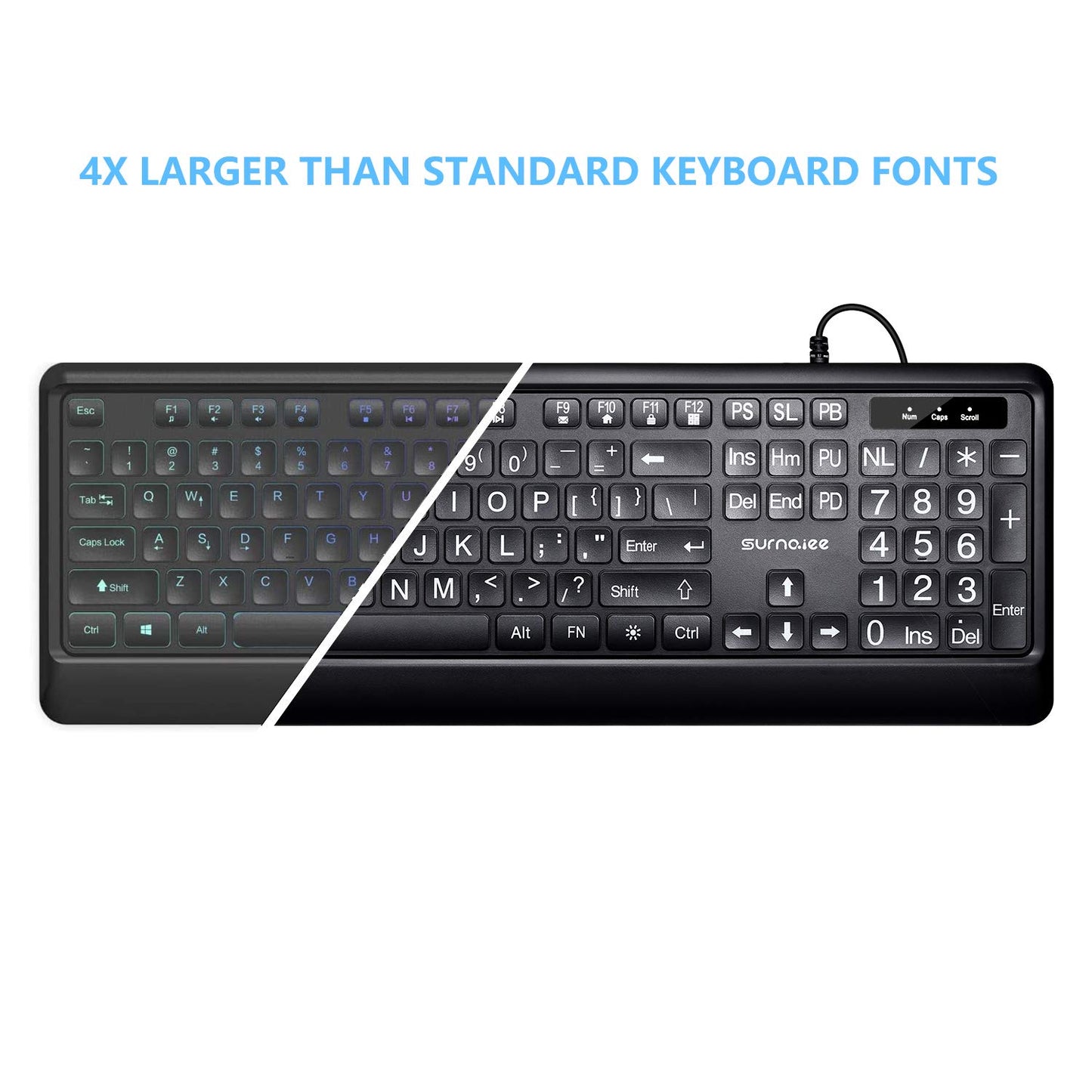 SurnQiee Large Letter Print Keyboard, 104 Keys Standard Full Size USB Wired White LED Backlit Computer Keyboard (KB612)
