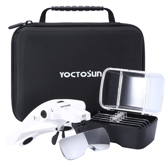 YOCTOSUN Magnifying Glasses with Light, Head Mount Magnifier with 5 Lenses, Headband, Storage Case, Hands Free LED Lighted Head Magnifying Visor for Close Work Hobby Crafts