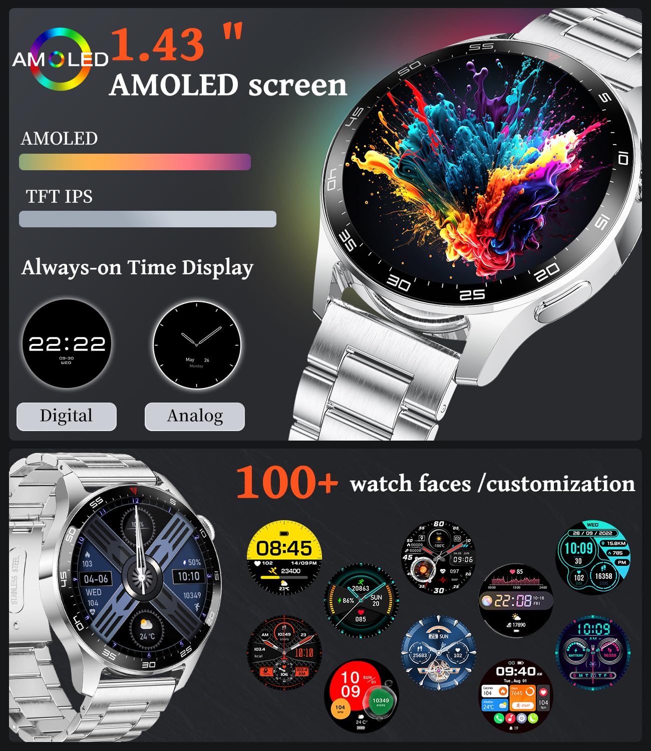 Smart Watches for Men(Answer/Dial Calls),1.43'' AMOLED Screen Fitness Tracker with SpO2/Sleep Monitor,400mAh/120 Sports Modes/ IP68 Waterproof Smartwatch for iOS Android,Sliver