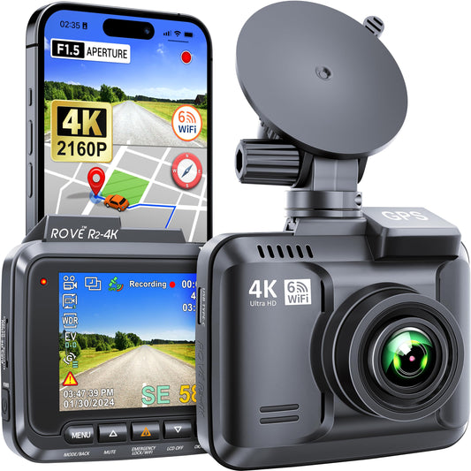 ROVE R2-4K Dash Cam Built-in WiFi GPS Car Dashboard Camera Recorder with UHD 2160P, 2.4" IPS Screen, 150° Wide Angle, WDR, Night Vision
